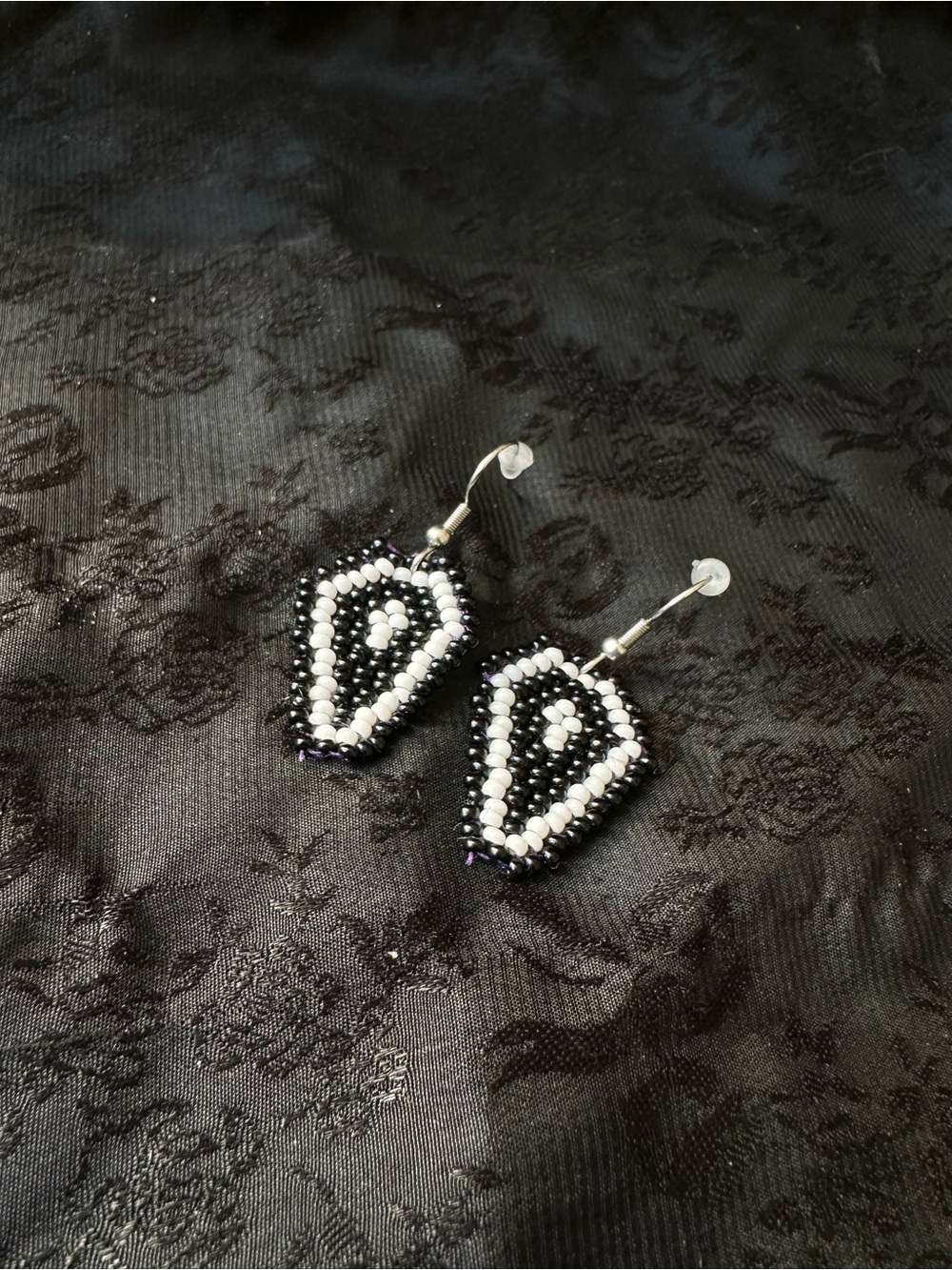 Handmade Black & White Beaded Geometric Drop Earrings